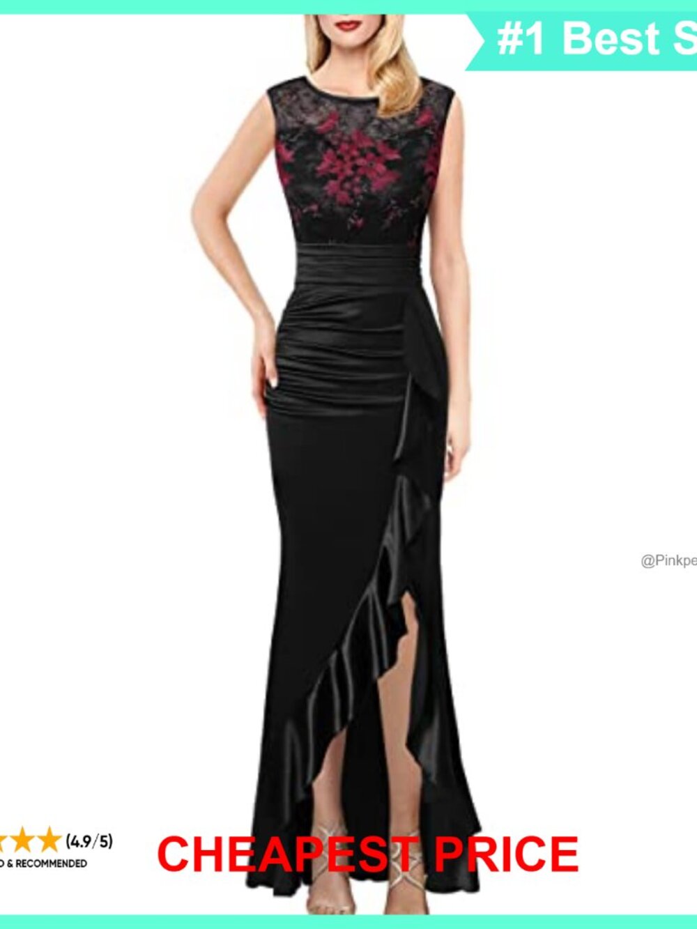 VFSHOW Women's Formal Prom Maxi Dress Lace Ruched Ruffle High Split Evening Gown